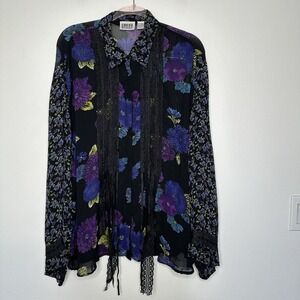 Chicos Chiffon Tunic Top Size M Black Lace Floral Sheer Vintage